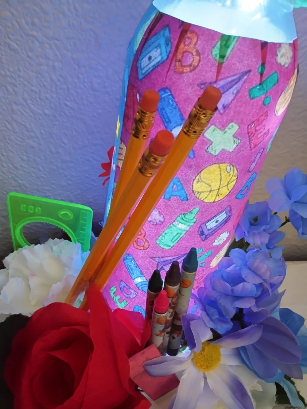 Bright Minds Pink School-Themed Decorative Bottle Light with Floral Accents